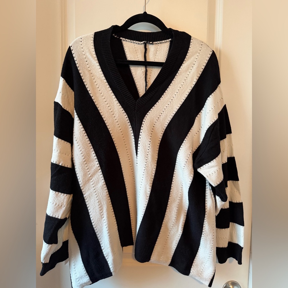 Black and White Striped V-Neck Sweater